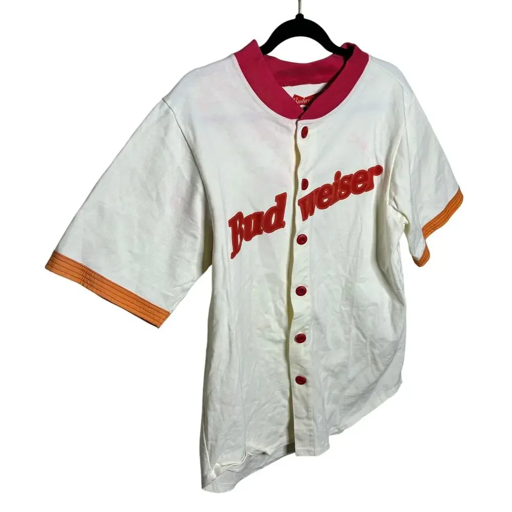 Budweiser White Red Button Up Baseball Short Sleeve Top Cotton USA Men Large L - Picture 7 of 14